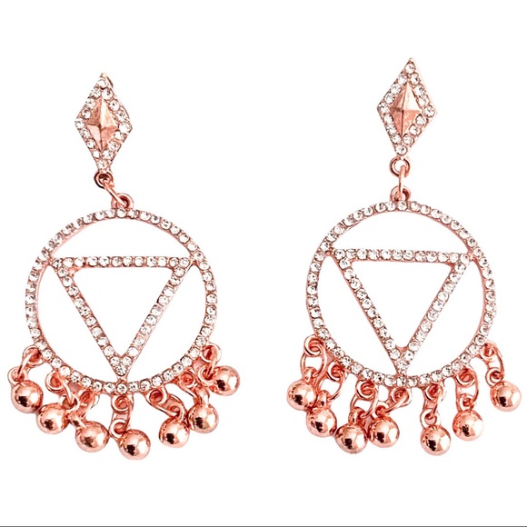 🆕 14k GP Rose Gold Crystal CZ Geometric Beaded Fringe Hoop Drop Earrings NWT - Picture 1 of 5